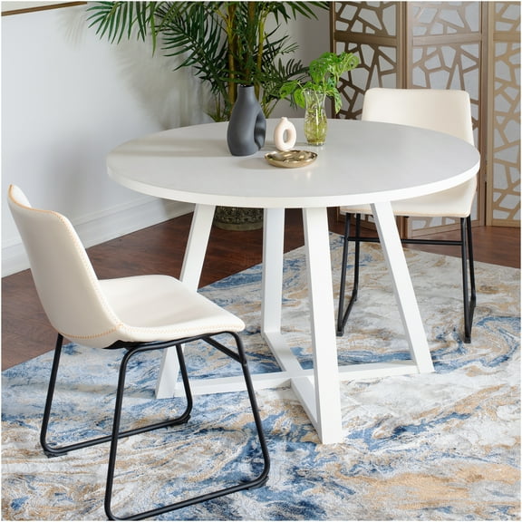 JERFIT 3-Piece White Round Dining Table Set with 2 Chairs, Trestle Base Kitchen Bistro Set for Small Space