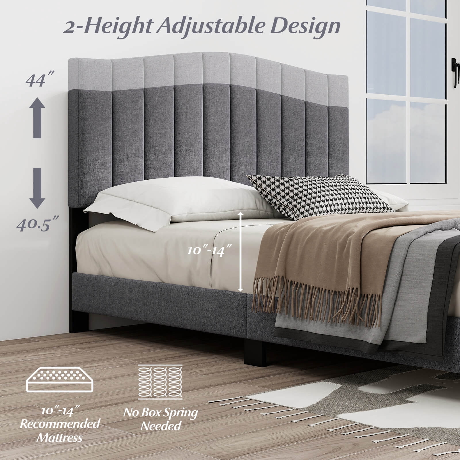 Costway Modern Upholstered Bed Frame Queen Size Platform Bed with Wooden Slat Support