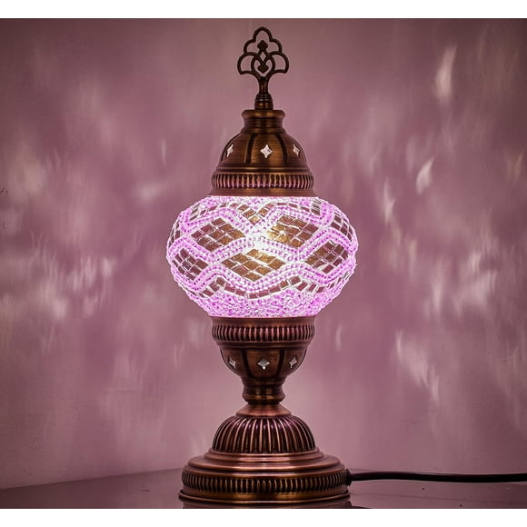 ERDS-Authentic Turkish Lamp, Made in Turkey, Colorful Mosaic Glass Turkish Moroccan Table Desk Bedside Lamp Lampshade with Antique Brass Color Metal Base, Handmade, 11.8x5.5 (Light Purple)