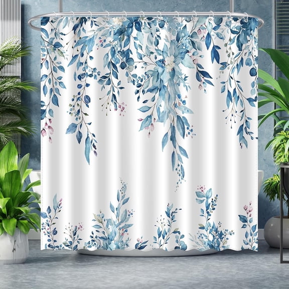 Eucalyptus Leaves Shower Curtain, Aesthetic Art Watercolor Plant Floral Leaf Bathroom Decor, Waterproof Fabric Cloth Bath Curtain Set with Hooks (Blue, 60x72 Inches)