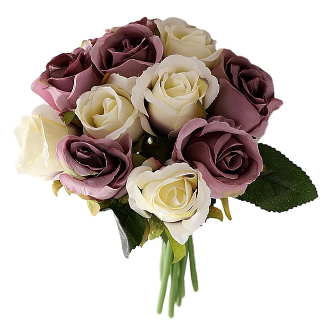 Ramo de rosas artificiales de 12 cabezas, paquete de flores de simulación, decoración del hogar, adorno de flores falsas para bodas, blanco púrpura Eigraketly HA7941-06B