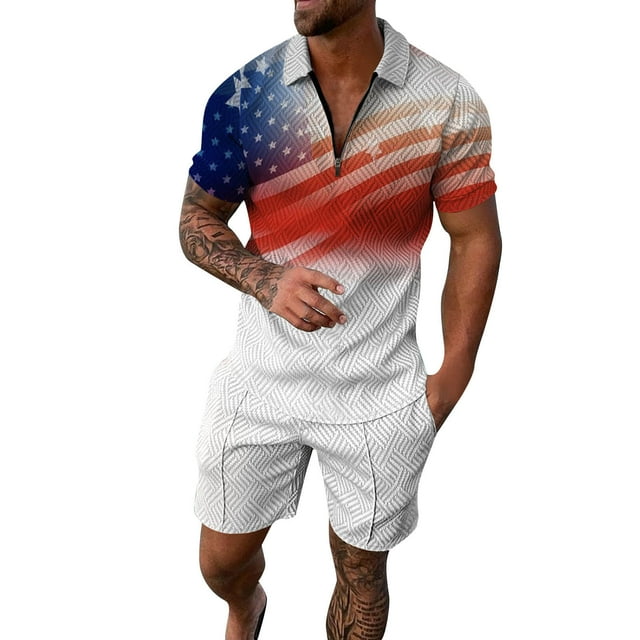 Mens independence Day Fag Mens Patterned Suit Spring and Summer Fashion Leisure Seaside Beach Holiday 3D Digital Printing Zipper Short Sleeve Shirt and Mens Prom Suits Shorts Suit Two Piece