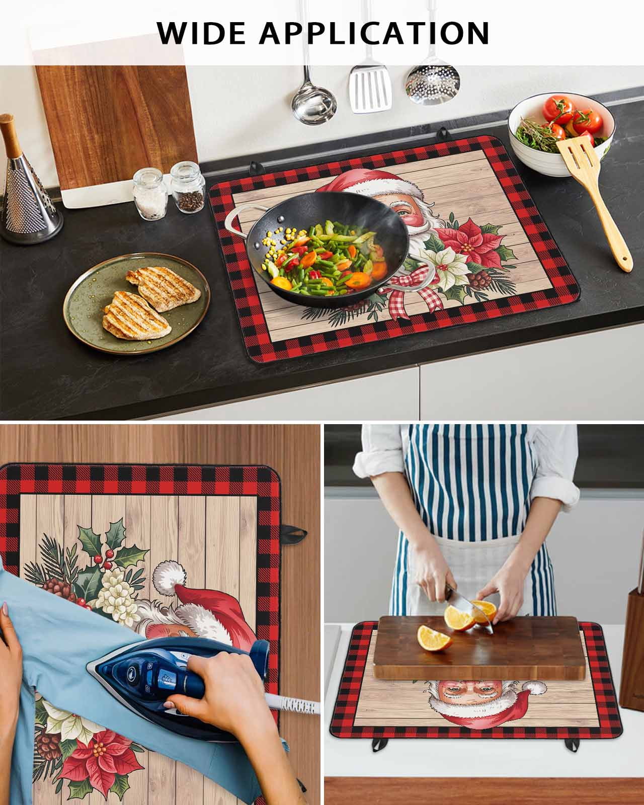 Large Induction Cooktop Protector Mat Christmas Stove Top Covers for Electric Stove, Winter Santa Claus Poinsettia Wooden Grain Decorative Stove Burner Cover Mats, Glass Top Stove Cover