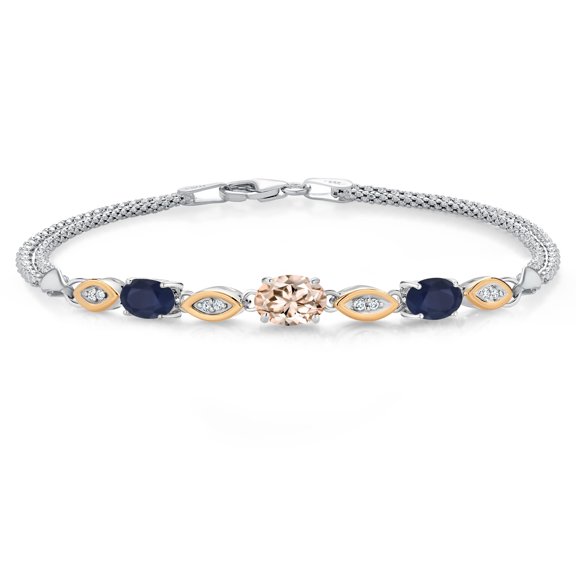 Gem Stone King 925 Silver and 10K Yellow Gold Peach Morganite and Blue Sapphire and White Lab Grown Diamond Bracelet for Women (1.82 Cttw, Gemstone October Birthstone, Oval, Wheat Chain, 6.5 inches)