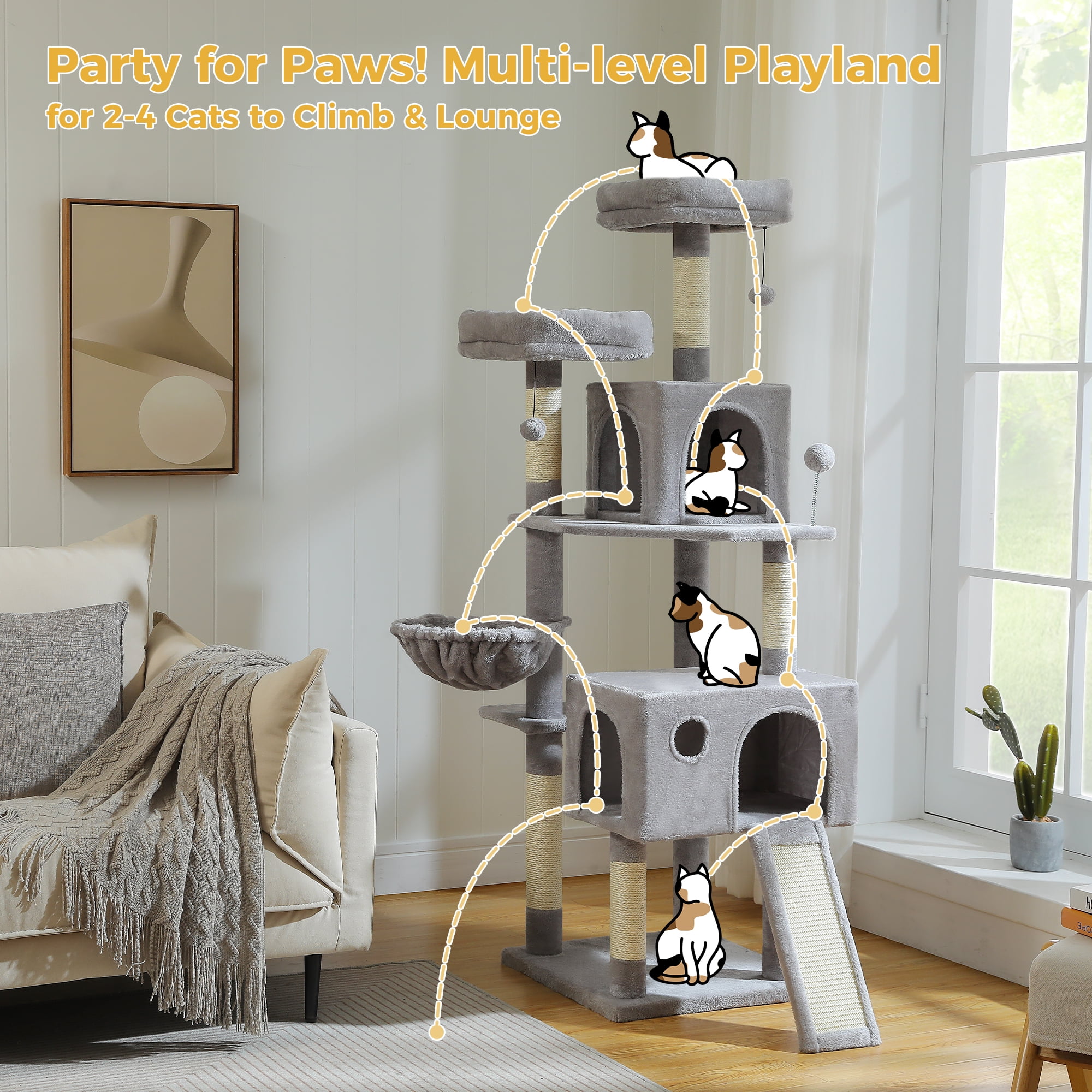 PAWZ Road 64" Cat Tree Large Cat Tower Multi-Level Cat Scratching Post Tower, Gray