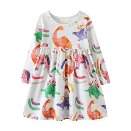 

Icvfdpl Toddler Long Sleeve And Cute Dinosaur Cartoon Appliques Print Flared Skater Cotton Outfit Seaside Holiday Dresses