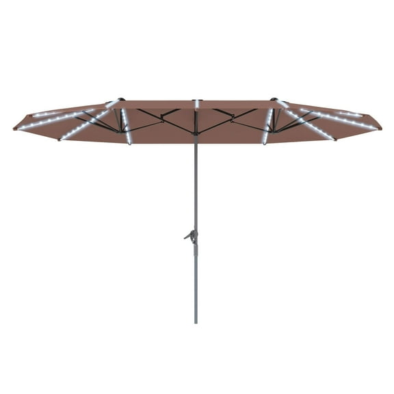 15ft Double-Sided Patio Umbrella with Solar Lights, UPF50  Tan Outdoor Market Umbrella with Crank