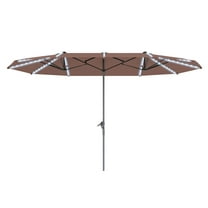 15ft Double-Sided Patio Umbrella with Solar Lights, UPF50 Tan Outdoor Market Umbrella with Crank