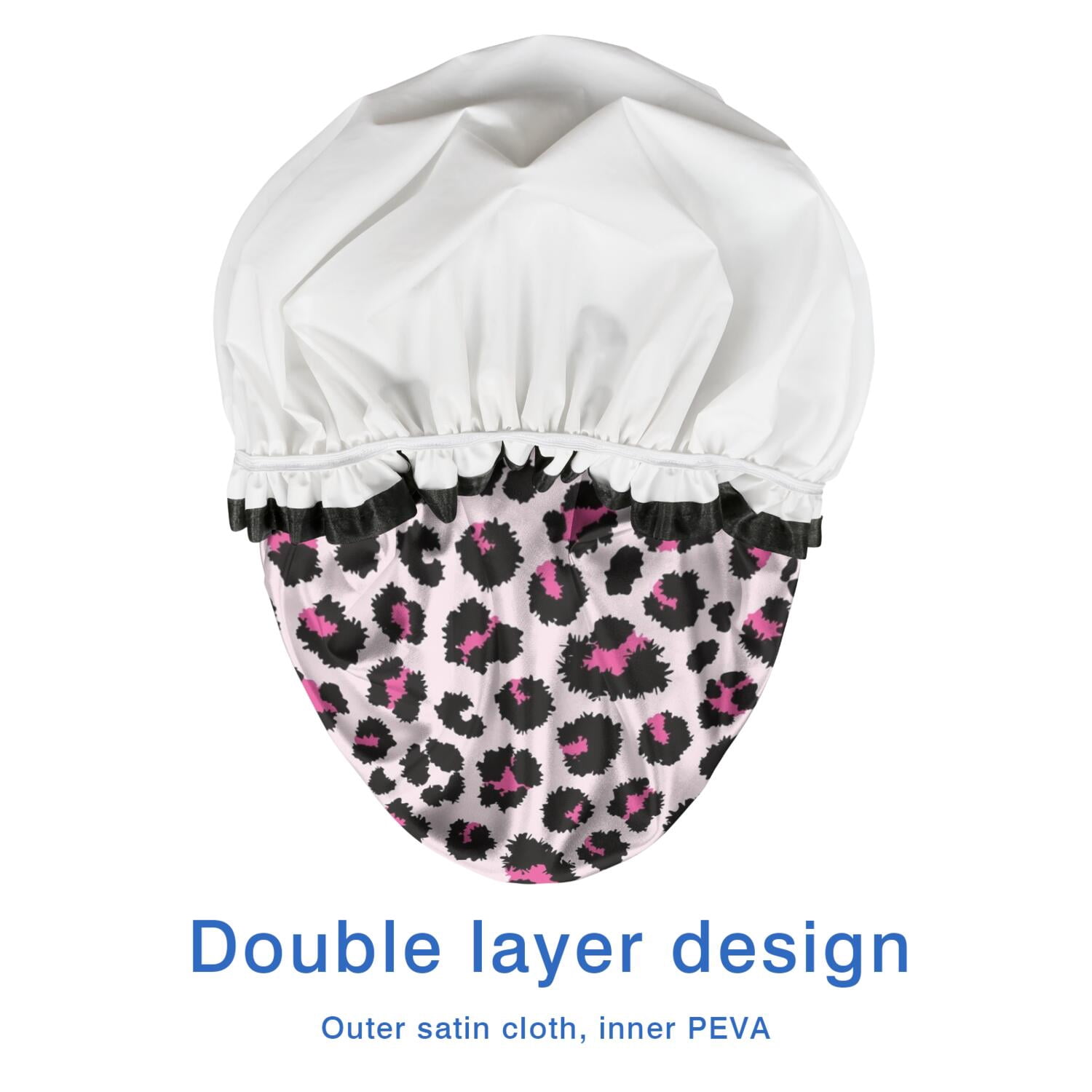 Shower Caps,Pink and Black Of Leopard Print Waterproof Shower Cap for Women 4 Pieces,Double Reusable Hair Cover for Shower PEVA Elastic Stretch Hem