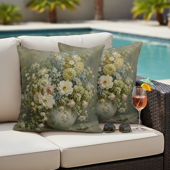 Colorful Flowers Outdoor Waterproof Throw Pillow Covers Set of 2, 26"x26", Country Vintage Farmhouse White Blue Pink Floral Decorative Pillow Covers Outside Cushion Case for Patio Porch Garden