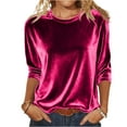 thumbnail image 2 of Women 3/4 Sleeves Tops Three Quarter Length Sleeve Velvet T Shirts Pullover Casual Dressy Velour Tunic Blouses Hot Pink S, 2 of 8