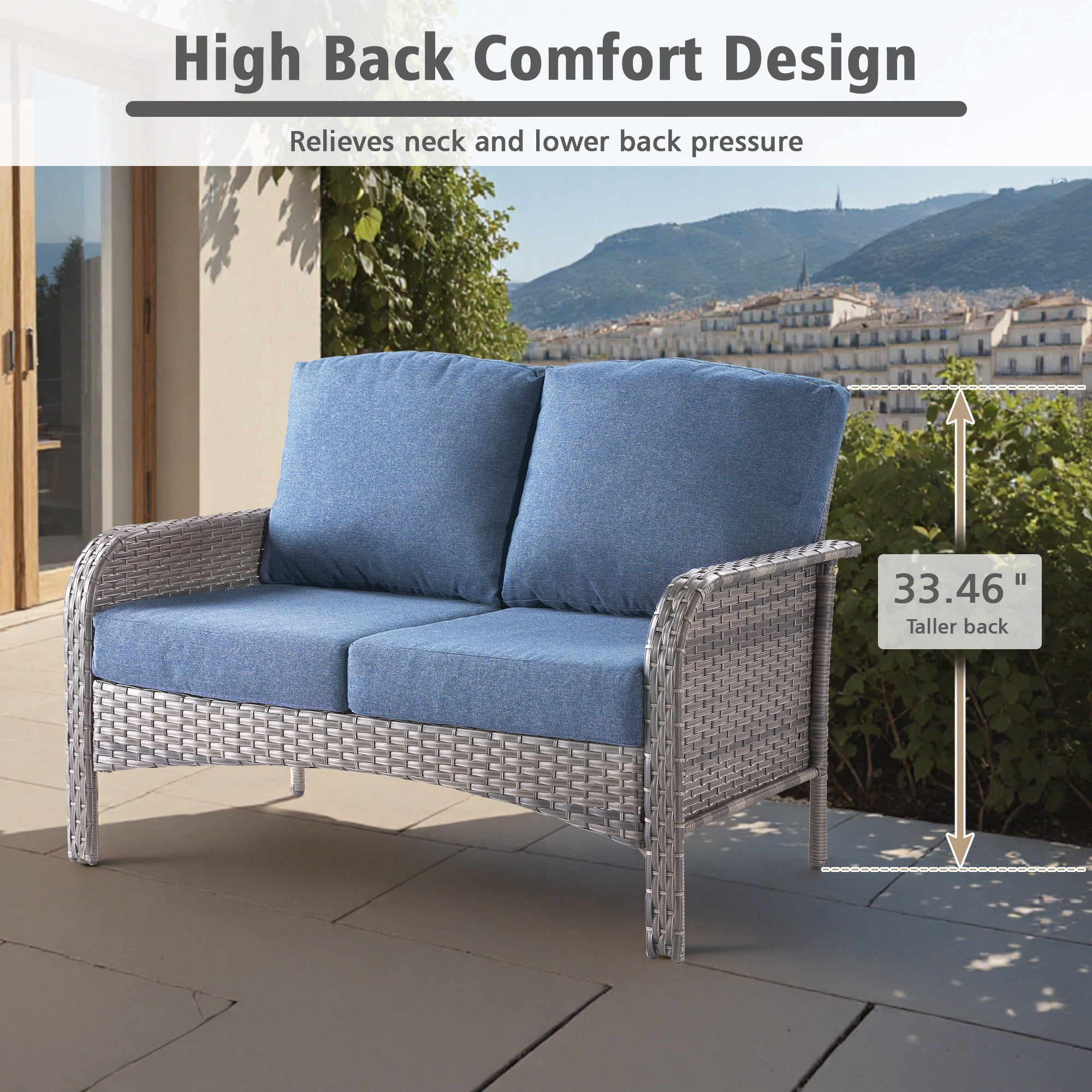 Ovios 2 Pieces Outdoor Patio Furniture High Back Wicker Rattan Outdoor Sectionals Set with Table for Backyard Balcony
