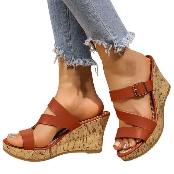 Rokment Cork Wedge Sandals for Woman 2026 Fashion Casual Cross-Strap Open Toe Platform Chunky High Heels Summer Vacation Dress Slip on Slides Brown Size 6.5