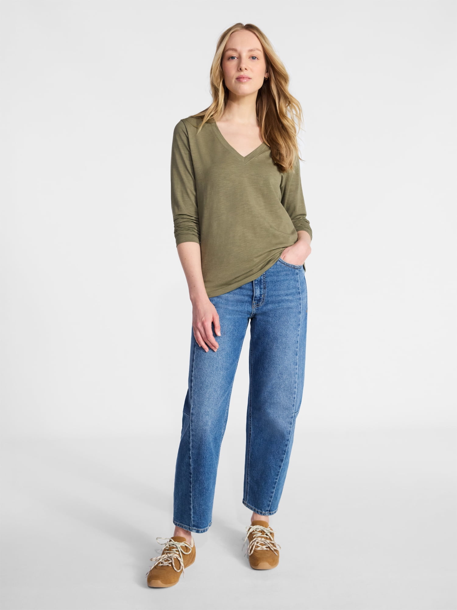 Time and Tru Women's Slub V-Neck Tee with Long Sleeves, Sizes XS-XXXL