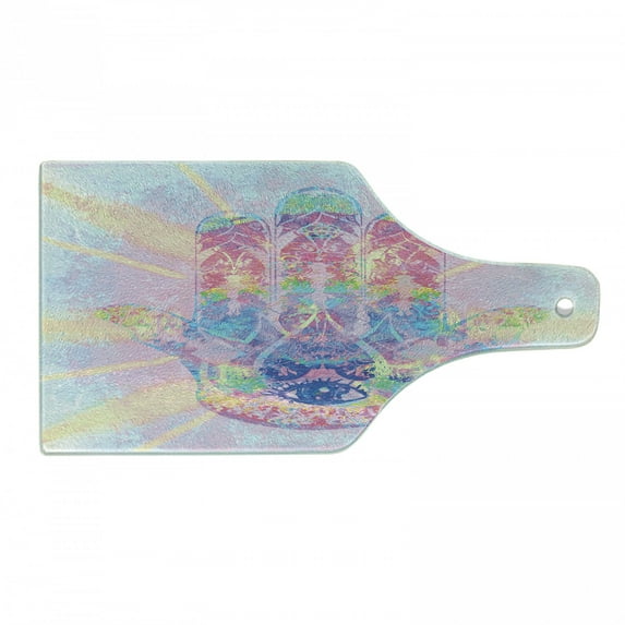 Hamsa Cutting Board, Energy Flow Aura Inspired Design Harmony Yoga Theme, Decorative Tempered Glass Cutting and Serving Board, Wine Bottle Shape, Pale Pink Peach and Aqua, by Ambesonne
