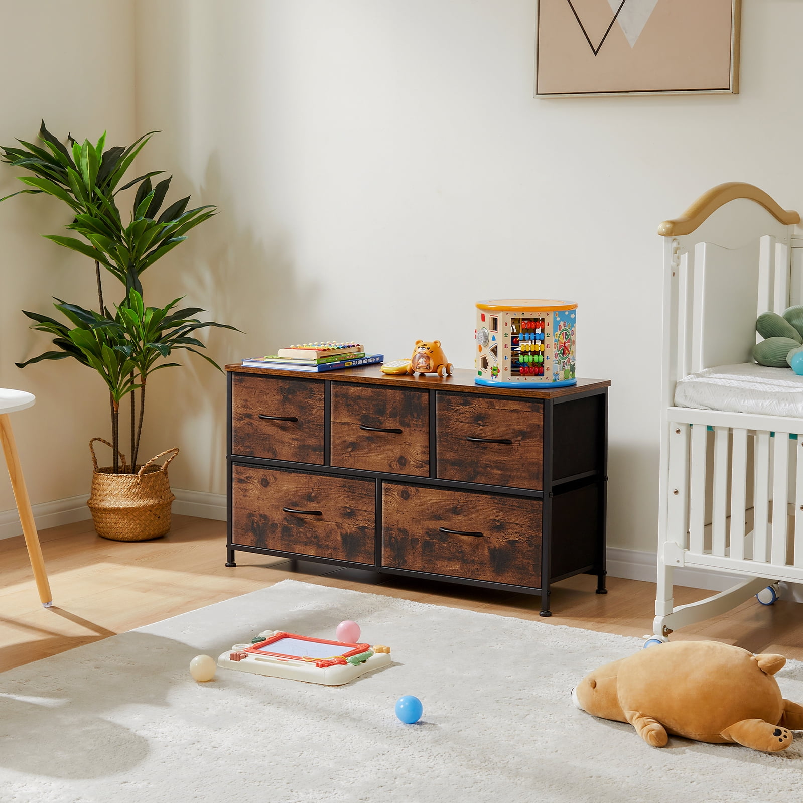 JIOABL Modern Dresser with Fabric 5-Drawer, Metal Frame, Ideal for Bedroom Storage, Rustic Brown