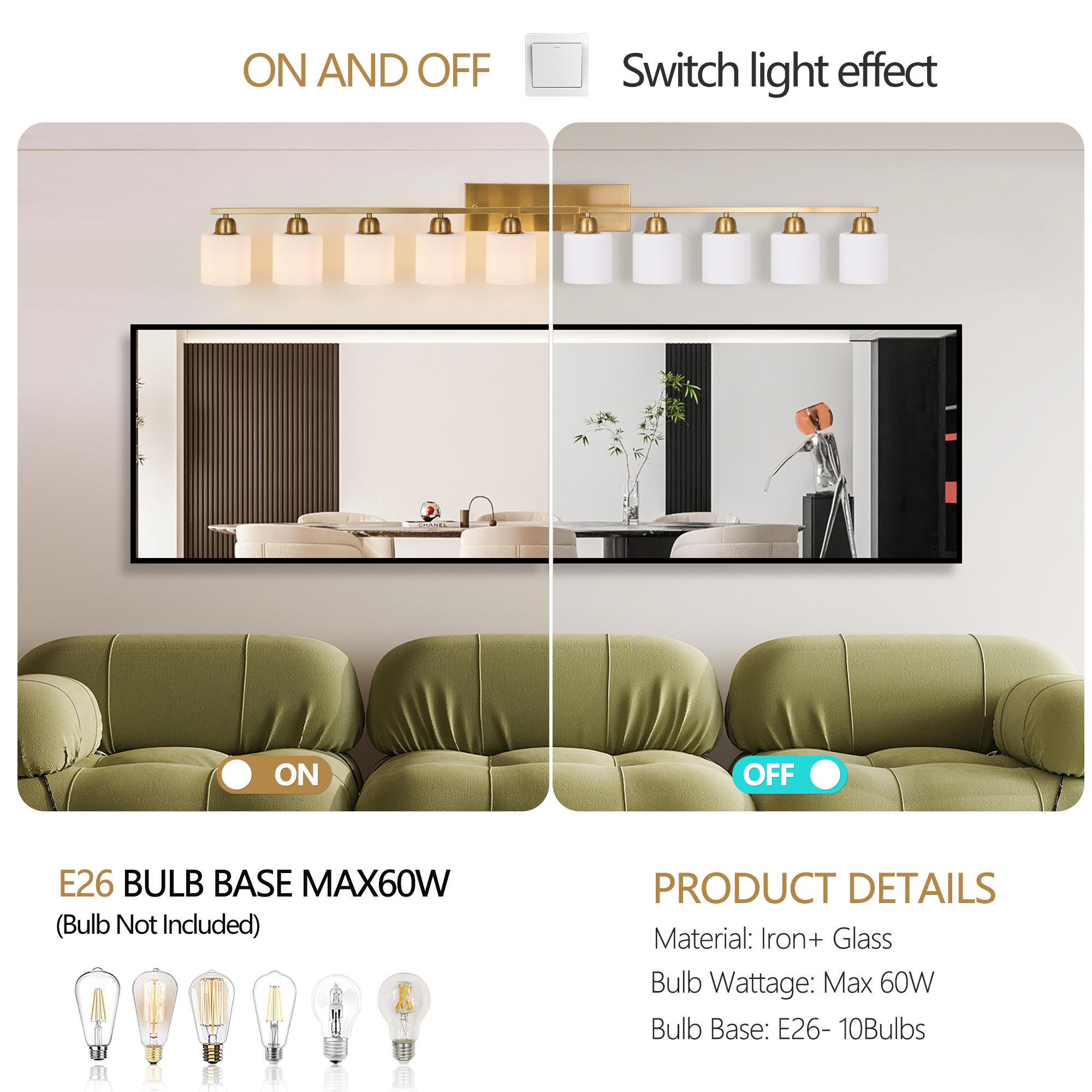 Leumius 10-Light Bathroom Vanity Light Fixture, Modern Vanity Light Over Mirror, Wall Sconces with Milky White Frosted Glass Shades for Mirror, Bathroom, Bedroom and Hallway Gold (No Bulbs)