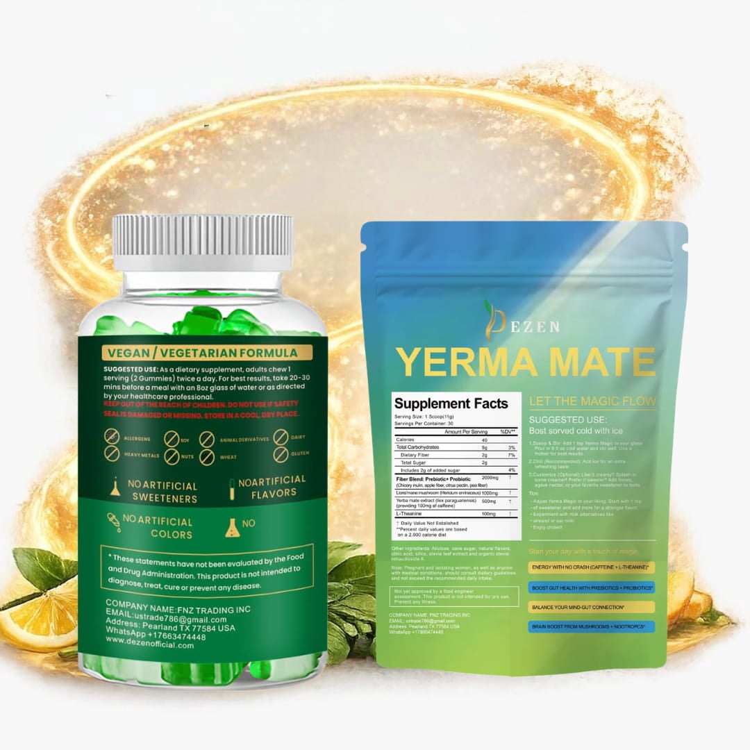Yerba Mate Drink Mix Powder (Peach Mango) + Green Tea Gummies (Apple) Combo Pack, Energy, Focus & Wellness Support, 30 Servings