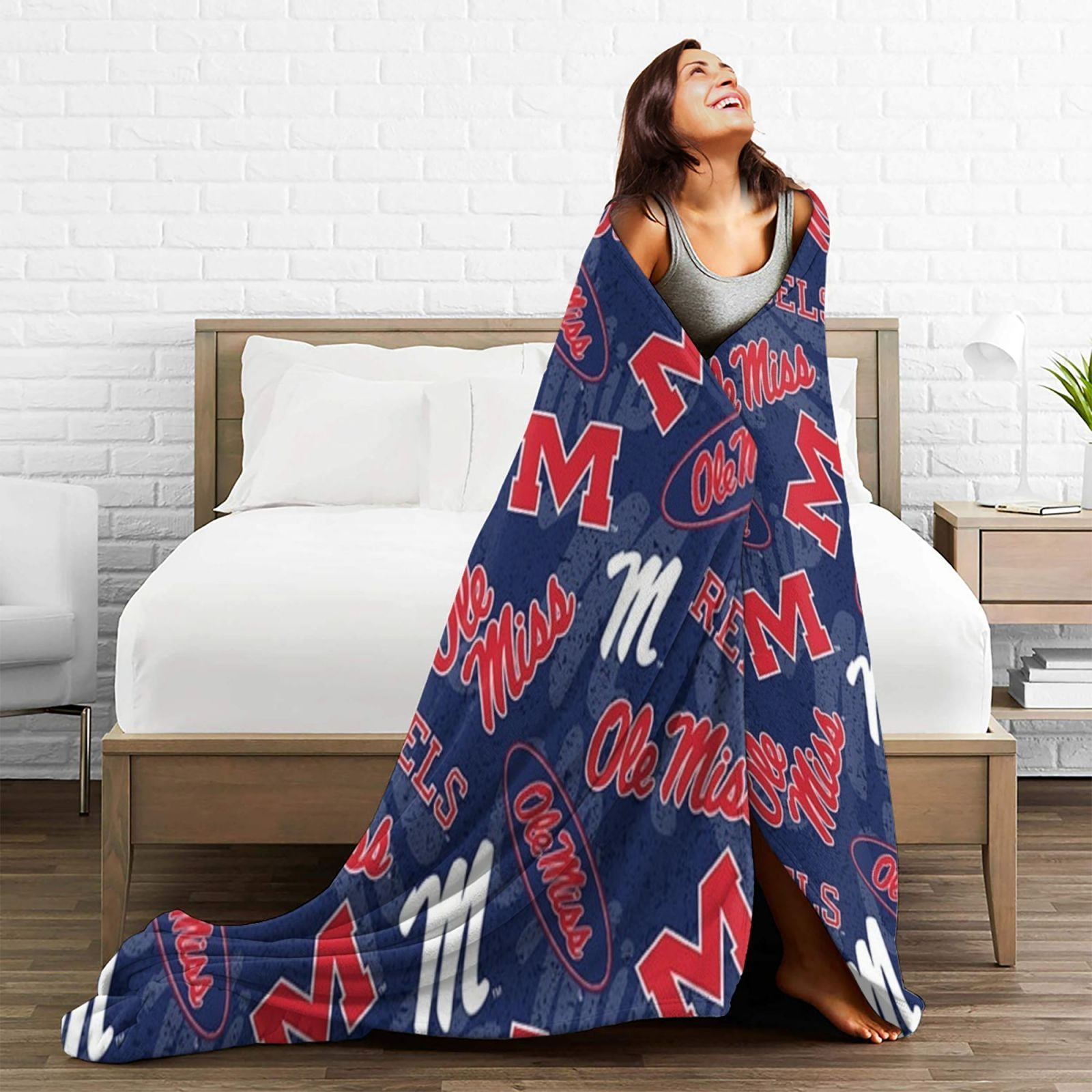 Ole Miss Rebel Flannel Fleece Blanket Soft Warm & Cozy for Sofa Bed Office Car All-Season Gift Vintage Style Digital Print KnittedNavy Blue with Bold Red & White Lettering