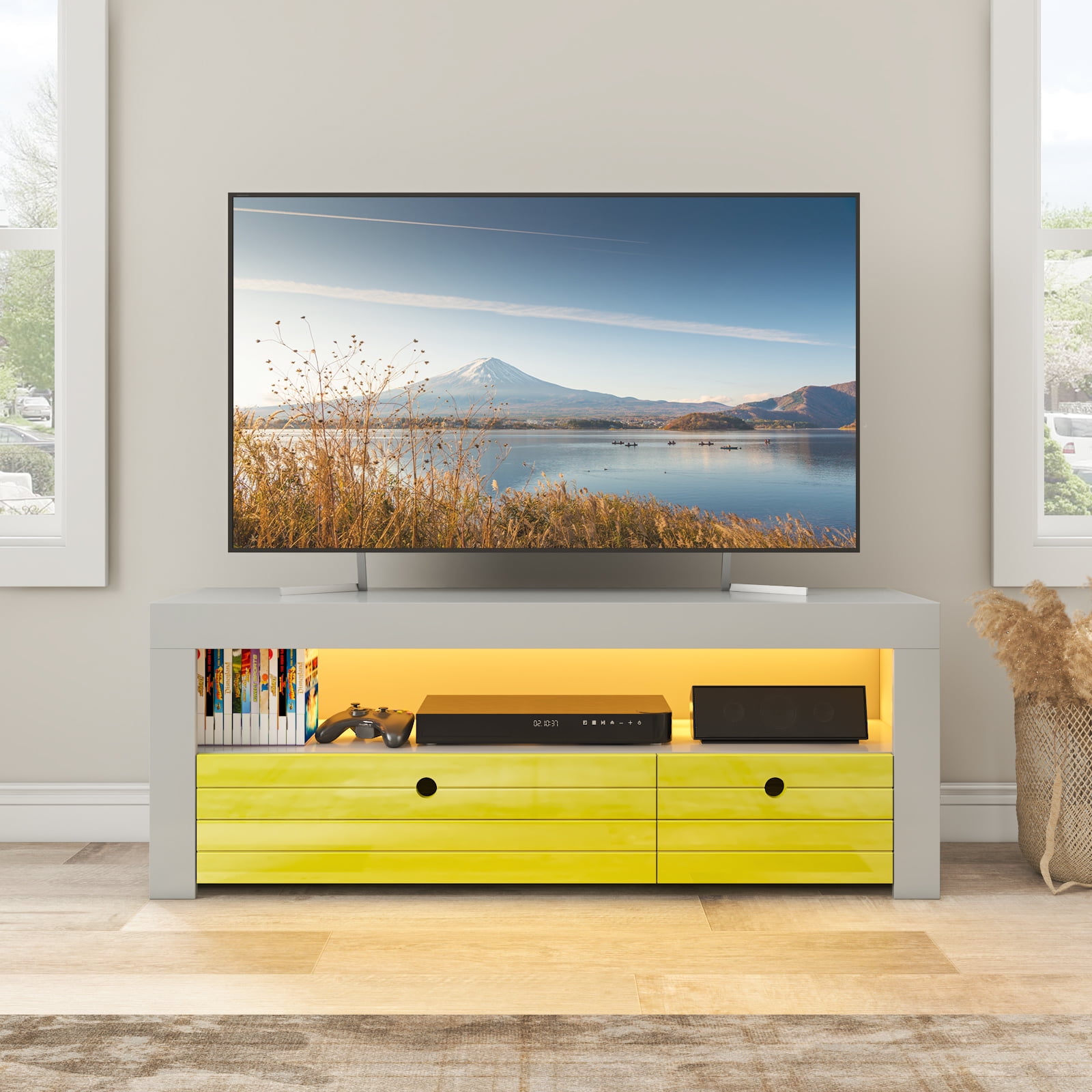 Wooden LED TV Stand Storage Shelves Media Console for TVs up to