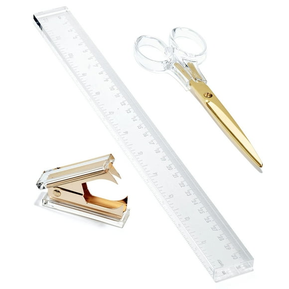 OfficeGoods Ensemble de Bureau en Acrylique 3 Pcs - Comprend une Règle, un Dénoyauteur d'Agrafes, des Ciseaux - Accessoires de Bureau Fonctionnels et Élégants - Outils Stationnaires Parfaits pour la Maison, le Bureau et l'École - Or