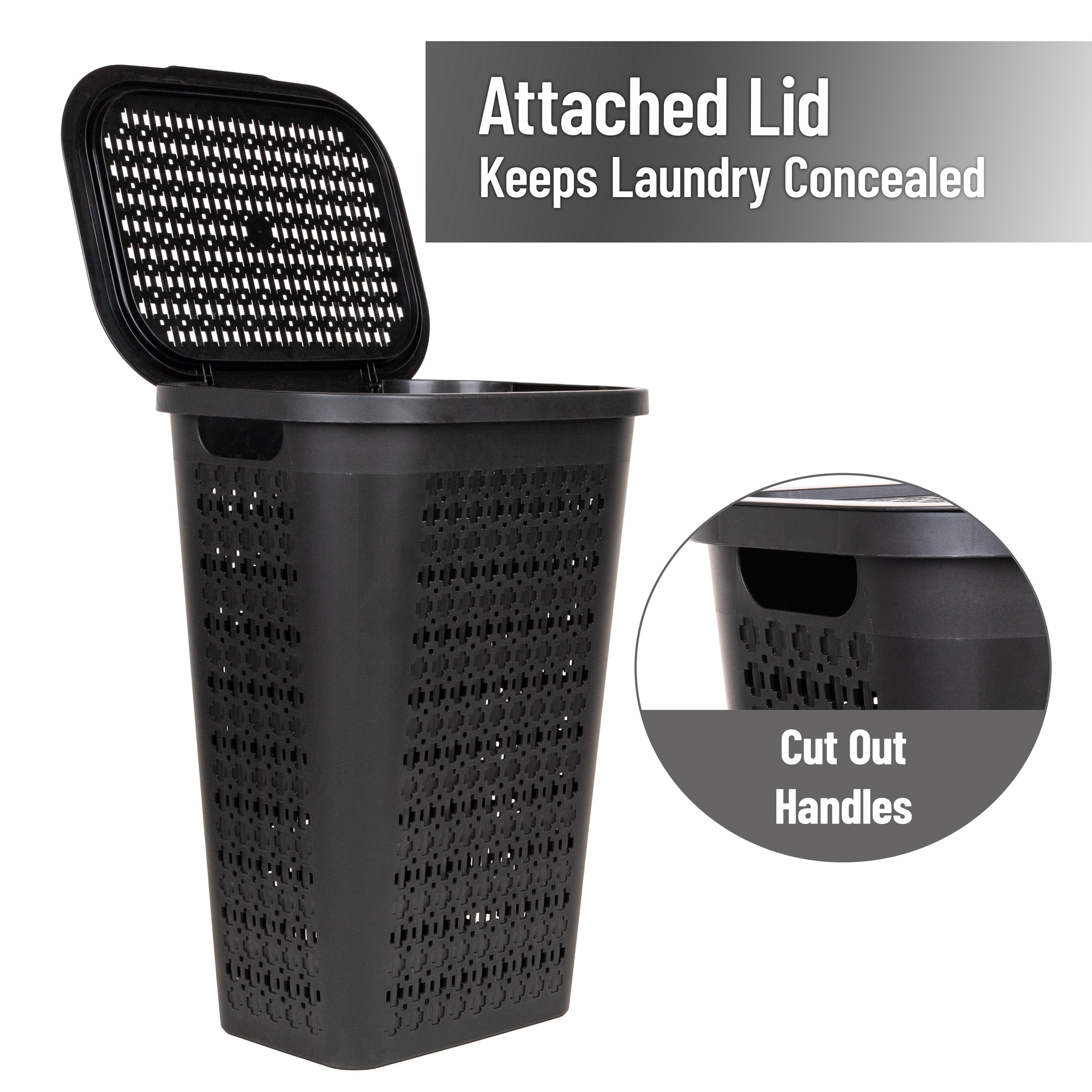 Mind Reader Slim Tapered Laundry Hamper with Lid, Clothes Basket with Swiss Cross Cut-Outs, Lightweight & Ventilated, Plastic, Gray