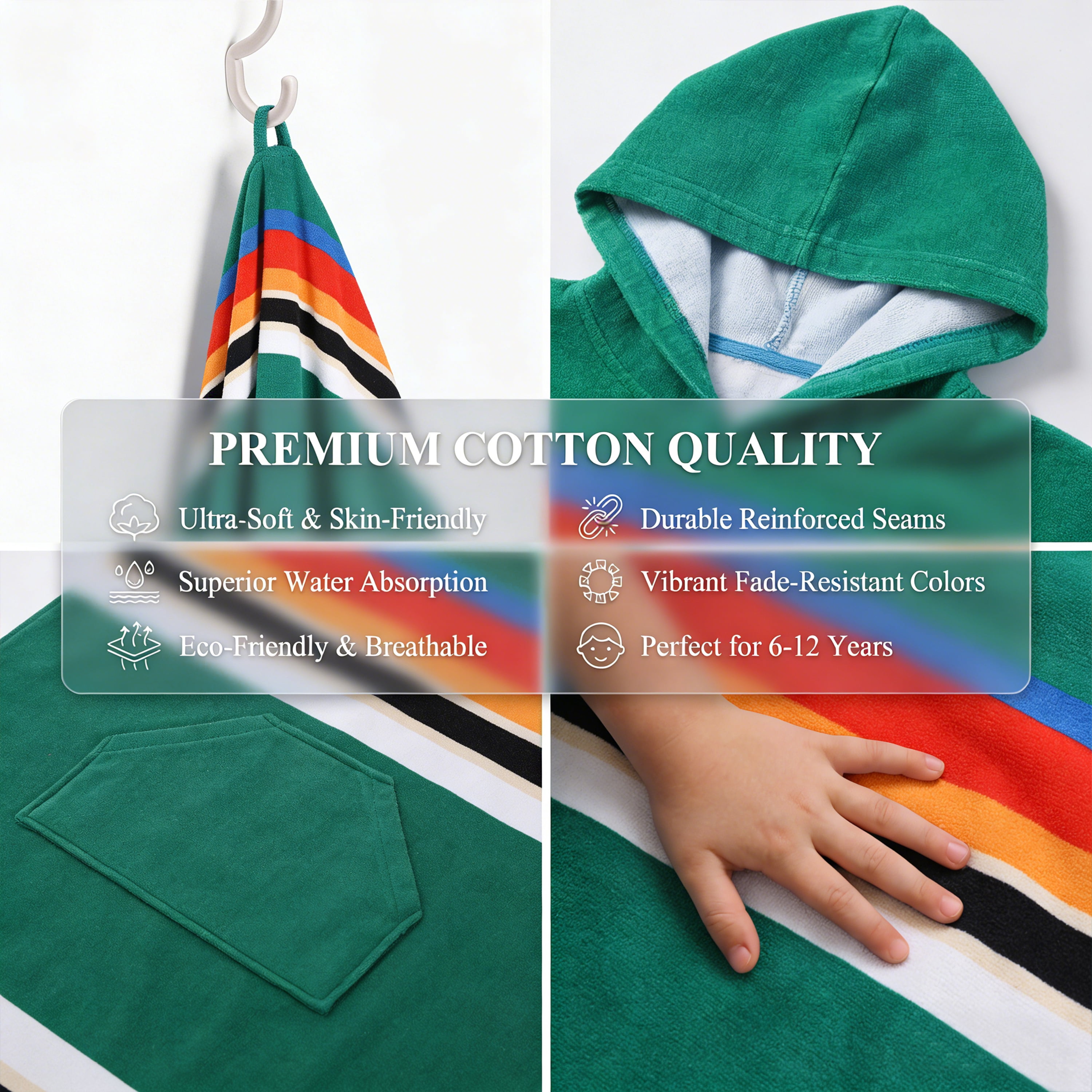 Catalonia Kids Hooded Poncho Towel, 100% Cotton Absorbent Changing Robe for the Beach, Pool, and Bath, Cute Gifts for Childrens (Boys and Girls), Green Stripe