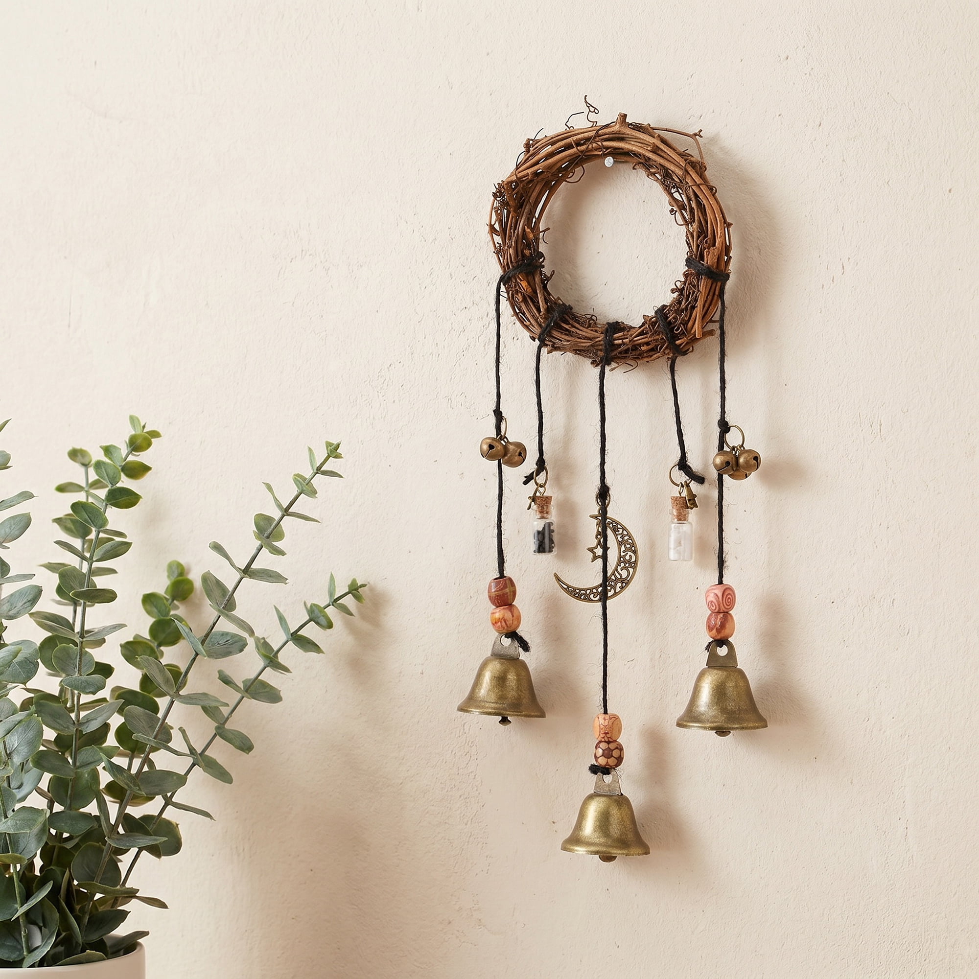 Unique Bargains Rattan Wreath Wall Hanging Metal Bells Bronze Beads 6.3"L x 6.3"W x 11.8"H