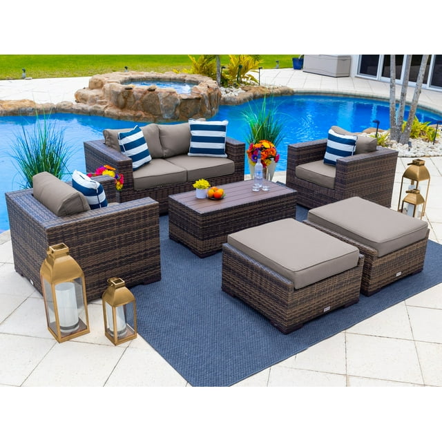 Sorrento 6-Piece M Resin Wicker Outdoor Patio Furniture Lounge Sofa Set in Brown w/ Loveseat Sofa, Two Armchairs, Two Ottomans, and Coffee Table (Flat-Weave Brown Wicker, Sunbrella Canvas Taupe)