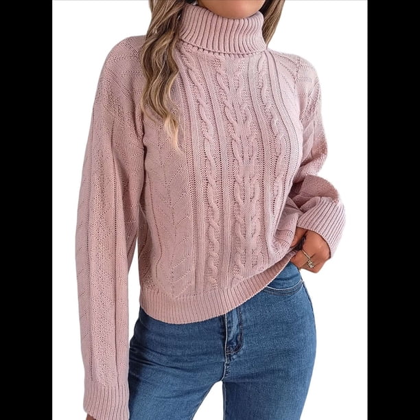 Suéter de Mujer con Cuello Redondo, Botones Texturizados, Mangas Farol, Jersey de Punto Rosa M