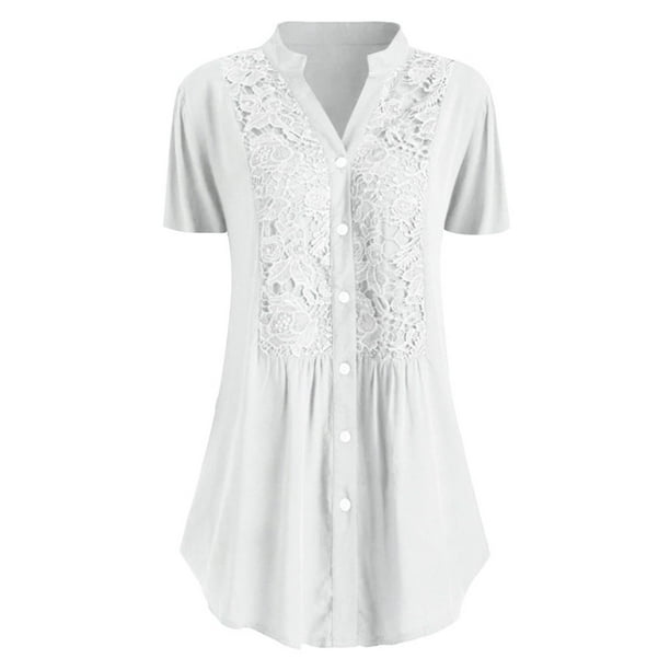 Pntutb Moda Mujer Casual Tallas grandes Encaje Sólido Manga corta Cuello en V Camisa Blusa tops Pntutb Pntutb-3068