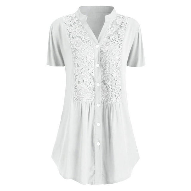 UPPADA Summer Plus Size Blouse for Women Short Sleeves V Neck Tops Solid Color Lace T Shirts Casual Button Tunic