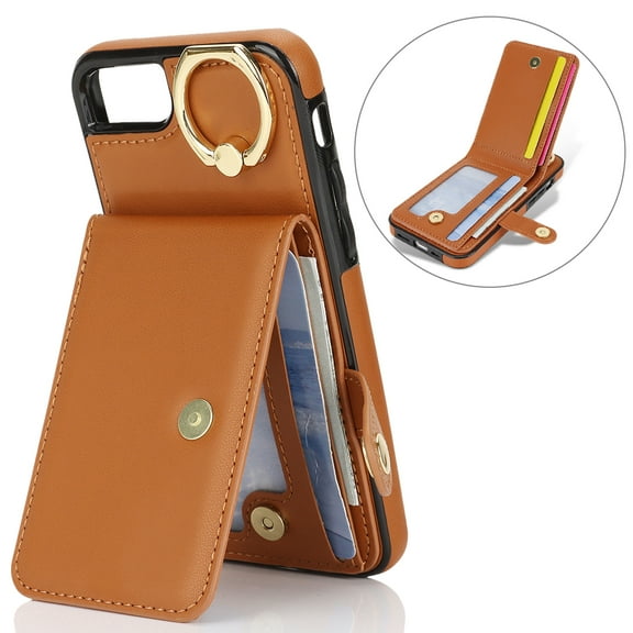 Allytechgroup iPhone SE 2022/2020/ iPhone 8 7 Wallet Case, Ring Holder Stand Cards Slots Shockproof Retro Flip Back Cover Phone Case for Apple iPhone SE 3rd 2nd Gen/ iPhone 8 7, Brown