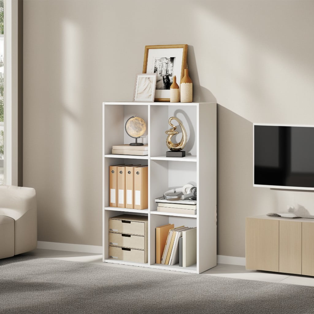 LEDREM 6-Cube Storage Bookshelf, Multifunctional Organizer Shelf for Living Room & Home Office, 38.6 Inch Display Bookcase, Cloud White