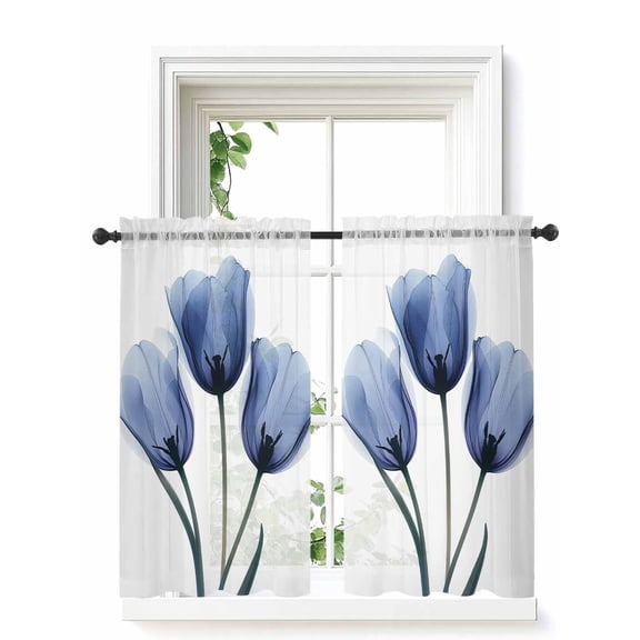 Blue Tulip Flower Tier Curtains 45 Inch Length,Sheer Curtains for Bedroom Living Room Window Vintage Spring Plant Floral Botanical Small Half Window Kitchen Curtains & Drapes 27.5"x45" 2 Panels