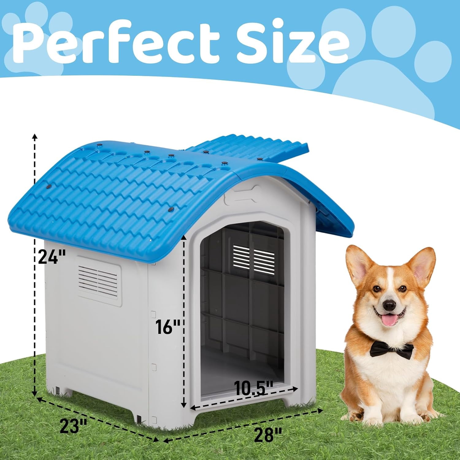 Outdoor Dog House, Plastic Dog Shelter for Small to Medium Size Dogs Waterproof, Durable Indoor Puppy House with Air Vents, Elevated Floor, Easy to Assemble 28"x23"x24"