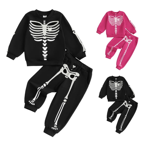 Kids Skeleton Long Sleeve Pullover Top and Pants Two Piece Set Unisex Halloween Outfit Kids Party Clothes Size 2-6 Years