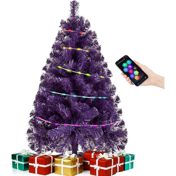 Purple 3ft Christmas Tree with Lights, Small 36inch Artificial Tree Mini Table Top Decorations, Xmas Desk Tree with 80 Colored Lights, 200 Branch, Holiday Decor for Home,Indoor Office Tabletop