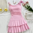 thumbnail image 4 of VBEWZET One Shoulder Bow Decor Girls Summer Dress, Ruched Waist Tiered Ruffle Cake Dress Girls Beach Vacation Birthday Outfit Pink 12-13 Years, 4 of 9