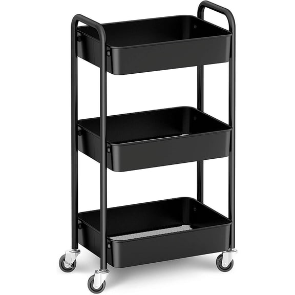 Versatile 3-Tier Rolling Utility Cart with Deep Storage Bins and Smooth Wheels, Mobile Organizer for Kitchen Bathroom Office, Space Saving Metal Trolley with Handle,Black