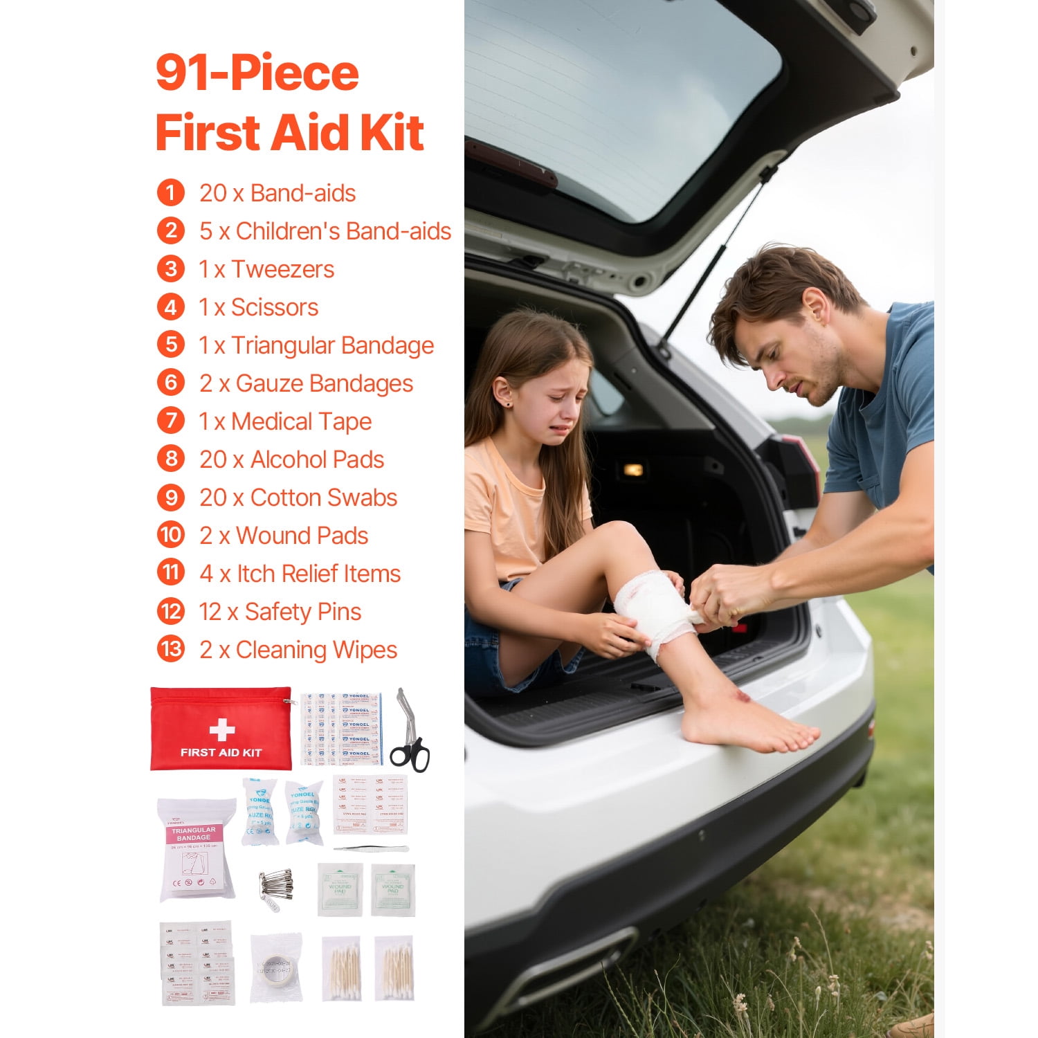 KFFKFF Comprehensive Car Emergency Kit, 2-in-1 First Aid Set with Jumper Cables, Essential Roadside Assistance Tools for Vehicles, Travel, and Home, Includes 32-Piece Auto Tools and Medical Supplies