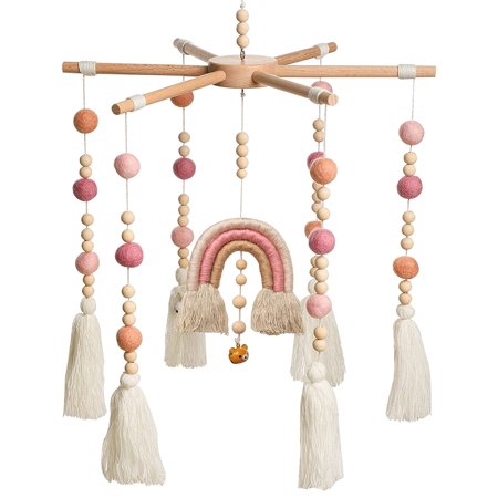 Baby Crib Mobile - Rainbow Crib Mobile Wooden Mobile with Colorful Cotton Ball Wool Felt Ball Boho Baby Mobile Bassinet Mobile for Crib Toy Mobile for Baby Nursery and Ceiling Decoration (Pink)