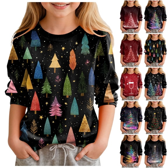 Ulanda Kid Christmas Shirts Dressy 3/4 Length Sleeve Tops - Funny Christmas Graphic 2025 Crew Neck Holiday Tops Pullover (Red, 14-15 Years)