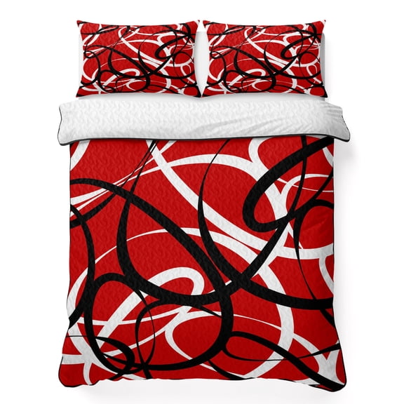 Twin XL Quilt Set 68''x98'', Red Geometric Lightweight Bedspread Coverlet Set with 2 Pillow Shams, Modern Abstract Black White Striped Lines Breathable All Season Quilt Bedding for Dorm/Guest Room