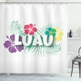 thumbnail image 1 of Luau Shower Curtain, Hawaiian Party Name Typography with Blooming Petals and Leaves in Pastel Tones Print, Fabric Bathroom Set with Hooks, 69W X 70L Inches, Multicolor, by Ambesonne, 1 of 2