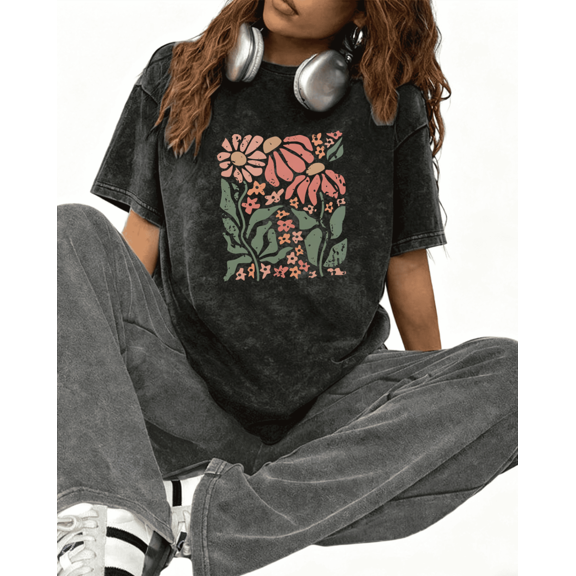 Women's Black Washed Print Tshirt Graphic Tees Shirts Floral Retro Art Design Tops S-2XL