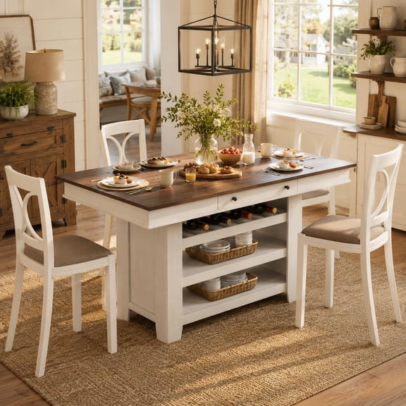 Farmhouse Dining Counter Height Table with Wine Rack & 3 Shelves, 36" Wooden Tall Dining Table with 2 Drawers, Thick Frame Counter Height Kitchen Table for Entertaining, Retro White Brown