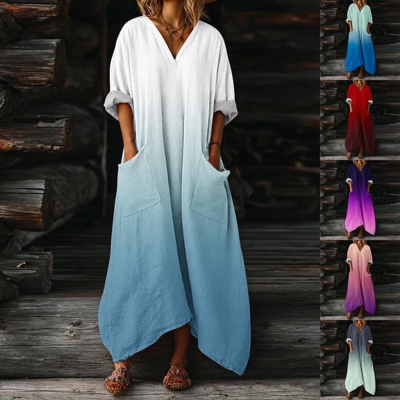 Mifsaly Maxi Kaftan Dresses for Women with Pockets 3/4 Sleeve V Neck Gradient Summer Dress Comfy Daily Wear Oversized Vacation Sundresses L