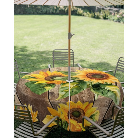 Outdoor Tablecloth with Umbrella Hole, Pastoral Sunflower Green Leavf Watercolor Zippered Table Cloth for Square Tables, Farm Vintage Wood Board Washable Waterproof Tablecloths for Picnic Patio