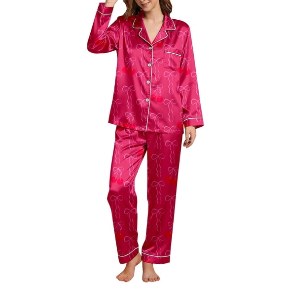 SGMVNU Silk Pajamas for Womens Set 2 Piece Satin Pjs Soft Button Down Sleepwear Wide Leg Long Pants with Pockets(Size S, Hot Pink-2)